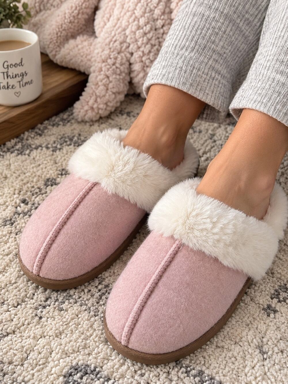 New Dearfoams Deluxe Pink White Faux Fur Sherpa Lined Slippers Slip On 9-10 L